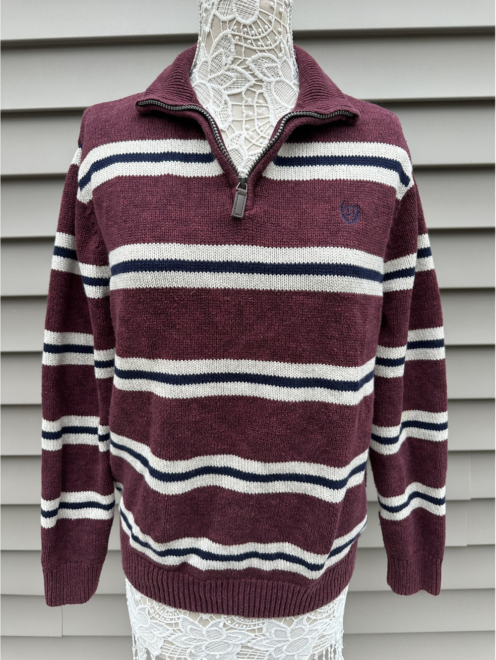 Chaps Quarter Zip Sweater Burgundy Striped Classic